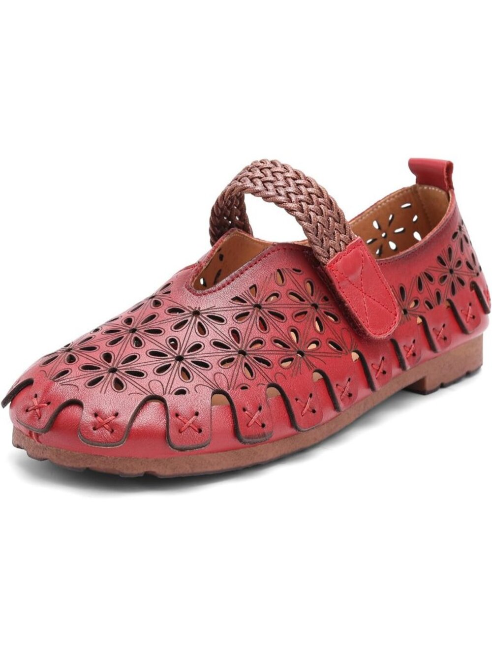 Women's Red Leather Unique Slip On Breathable Fashion Closed Toe Walking Shoes